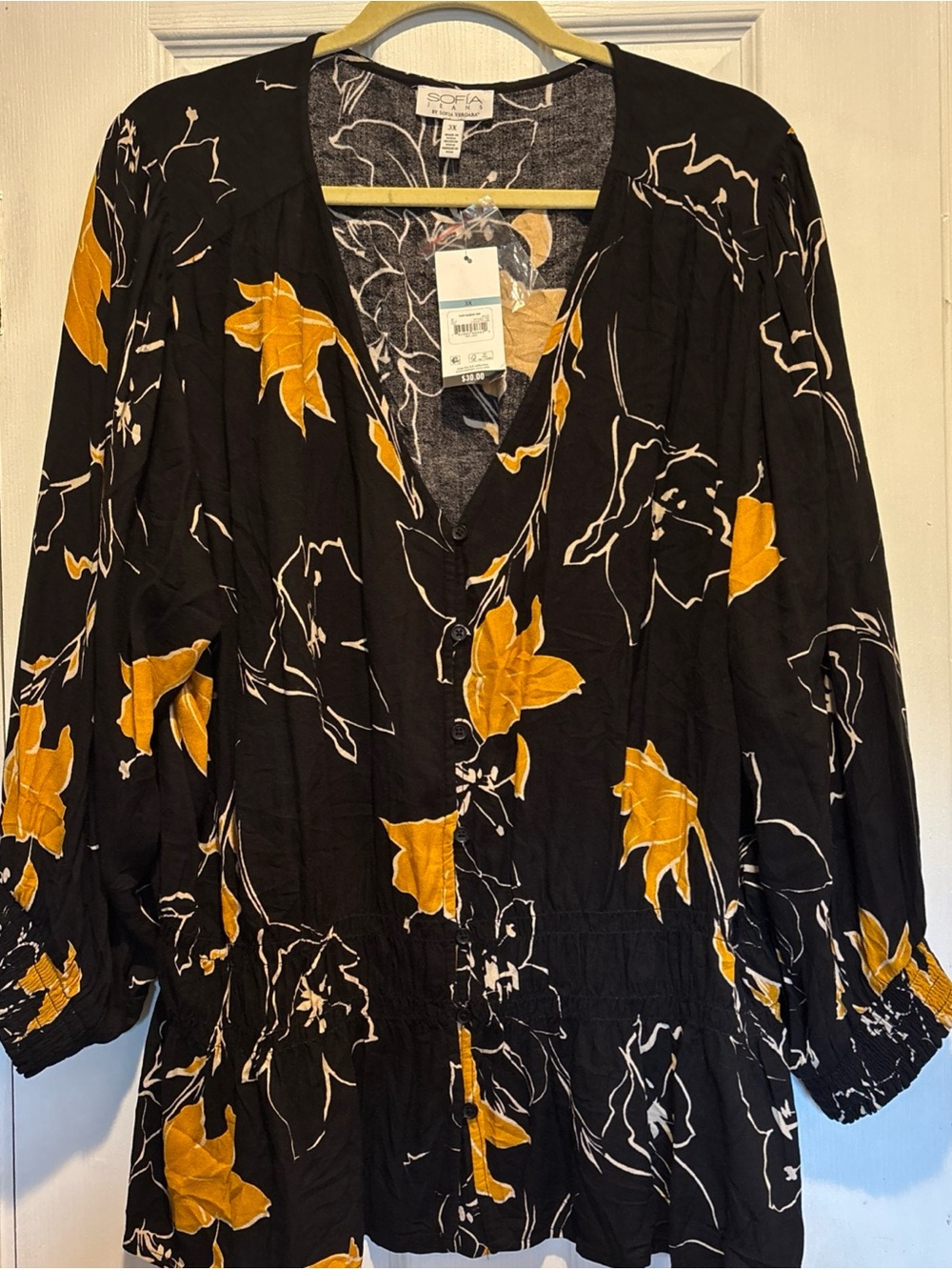 Sofia by Sofia Vergara Black Mustard Floral Button-Front Blouse Puff Sleeve 3X